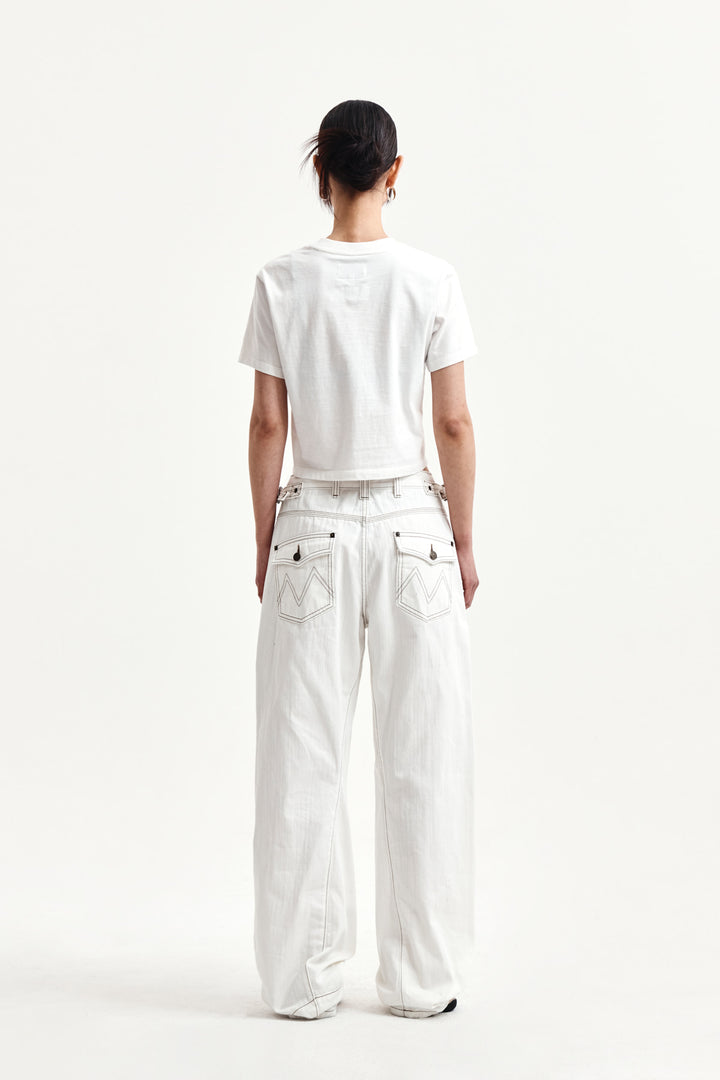Matin Kim Waist Buckle Stitch Twill Denim — Ivory