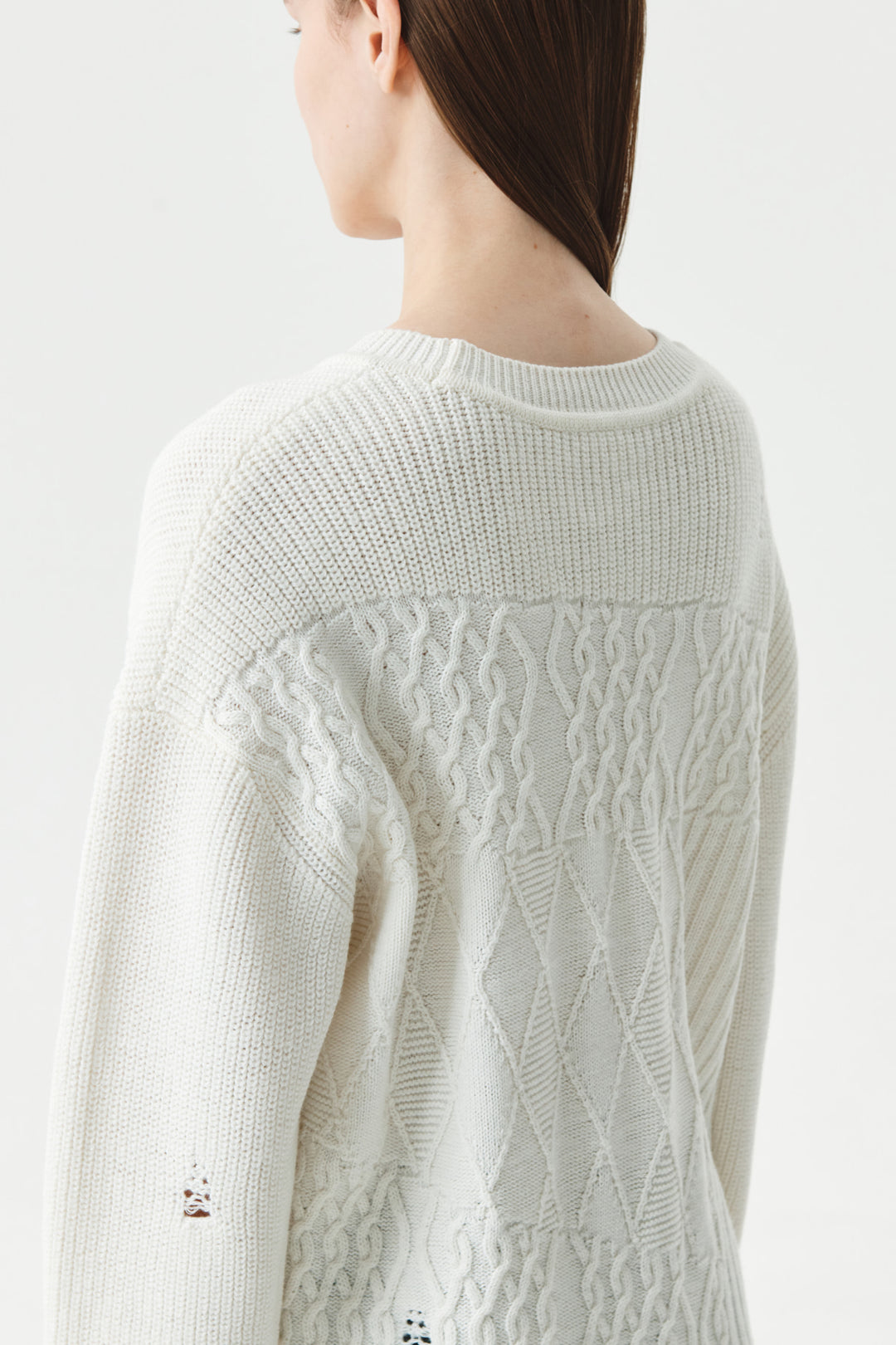 KIMMATIN Cable Mix Damage Knit Pullover — Ivory