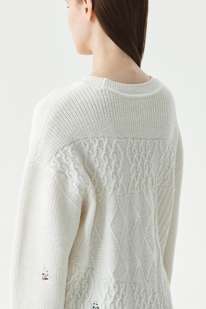 KIMMATIN Cable Mix Damage Knit Pullover — Ivory