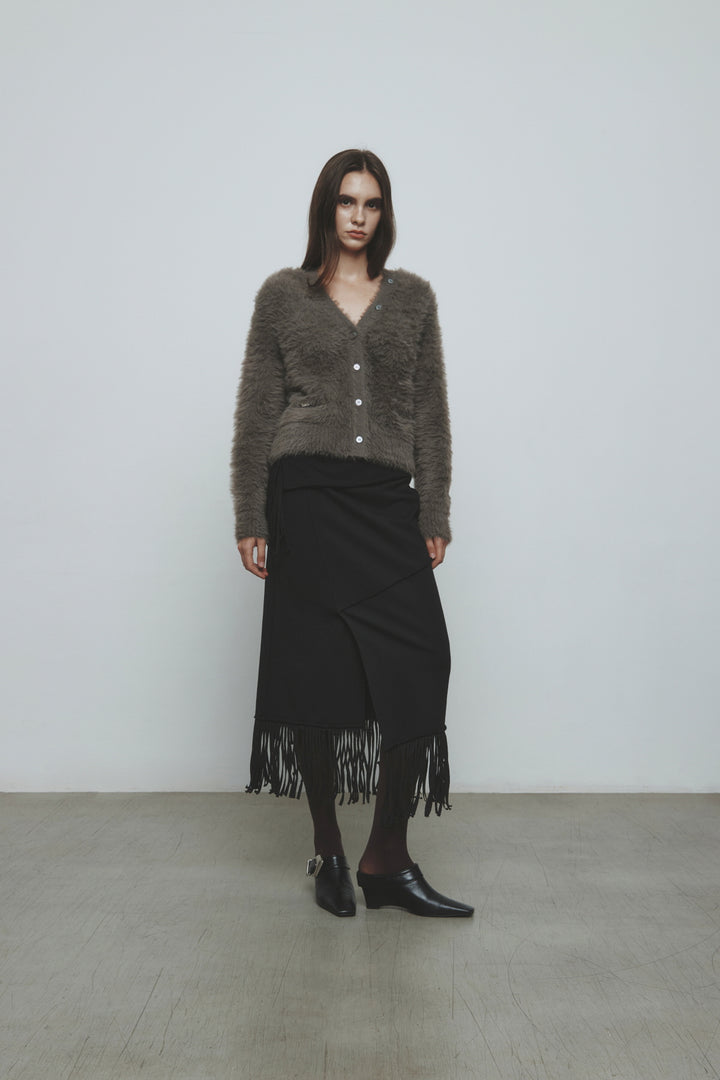 KIMMATIN Fringe Jersey Midi Skirt — Black
