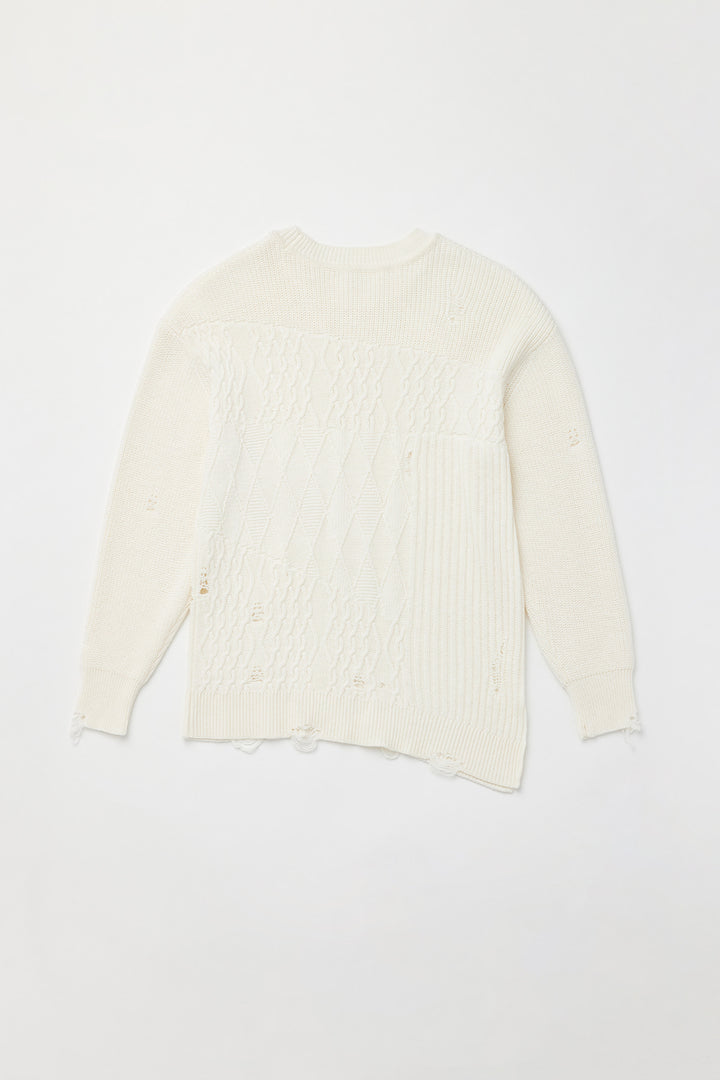 KIMMATIN Cable Mix Damage Knit Pullover — Ivory