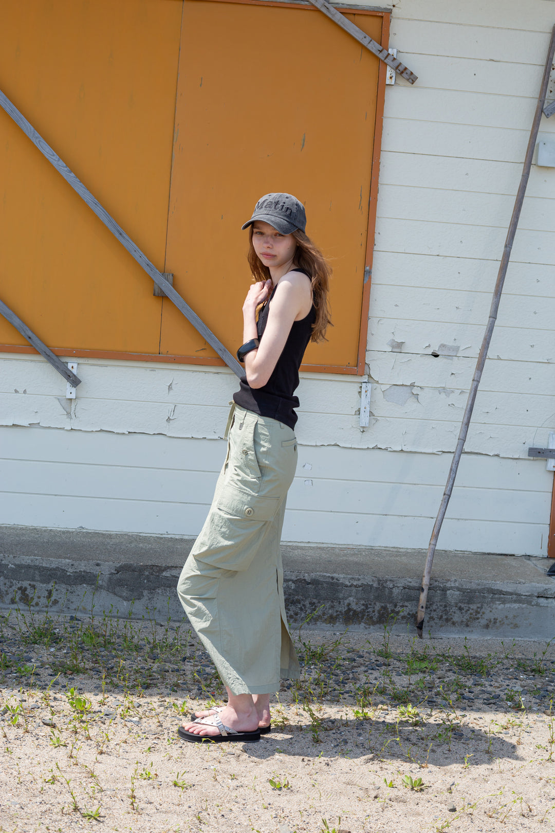 Matin Kim String Nylon Cargo Skirt — Khaki