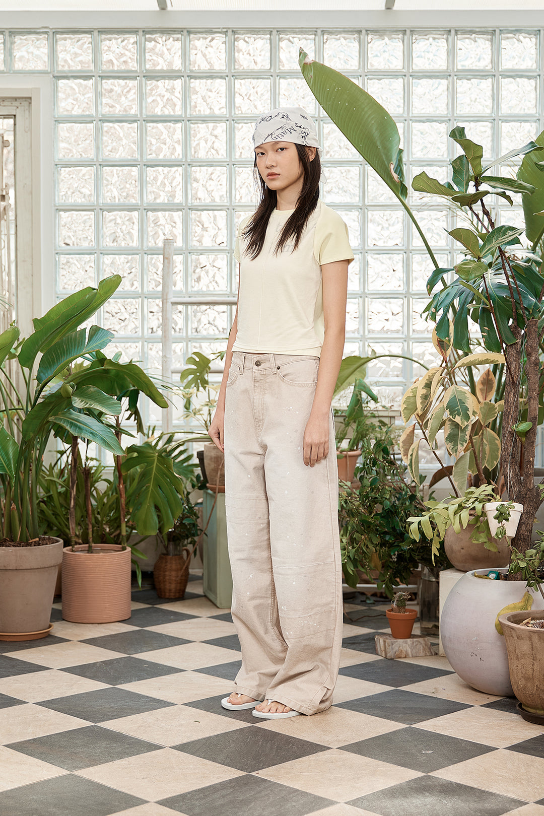 Matin Kim Unbalance Cut Point Vintage Cotton Pants — Beige