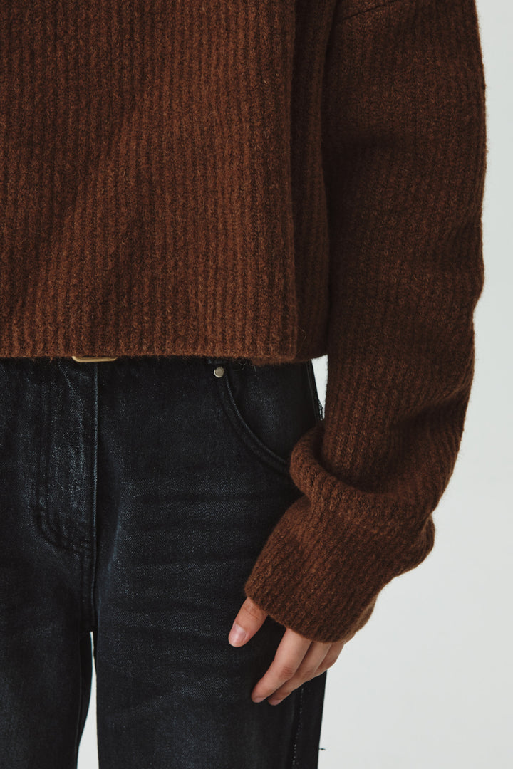 KIMMATIN Wool Blended High Neck Crop Pullover — Brown