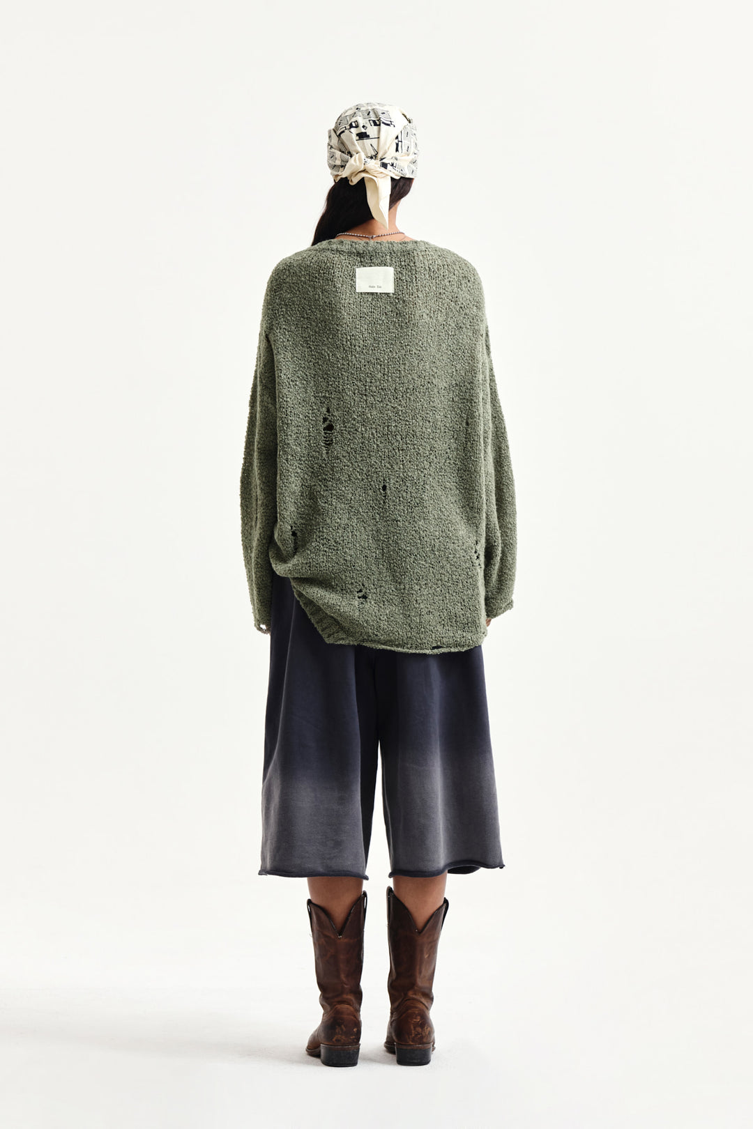 Matin Kim Asymmetric Damaged Knit Pullover — Khaki