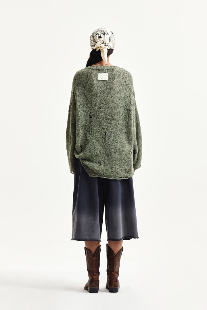 Matin Kim Asymmetric Damaged Knit Pullover — Khaki