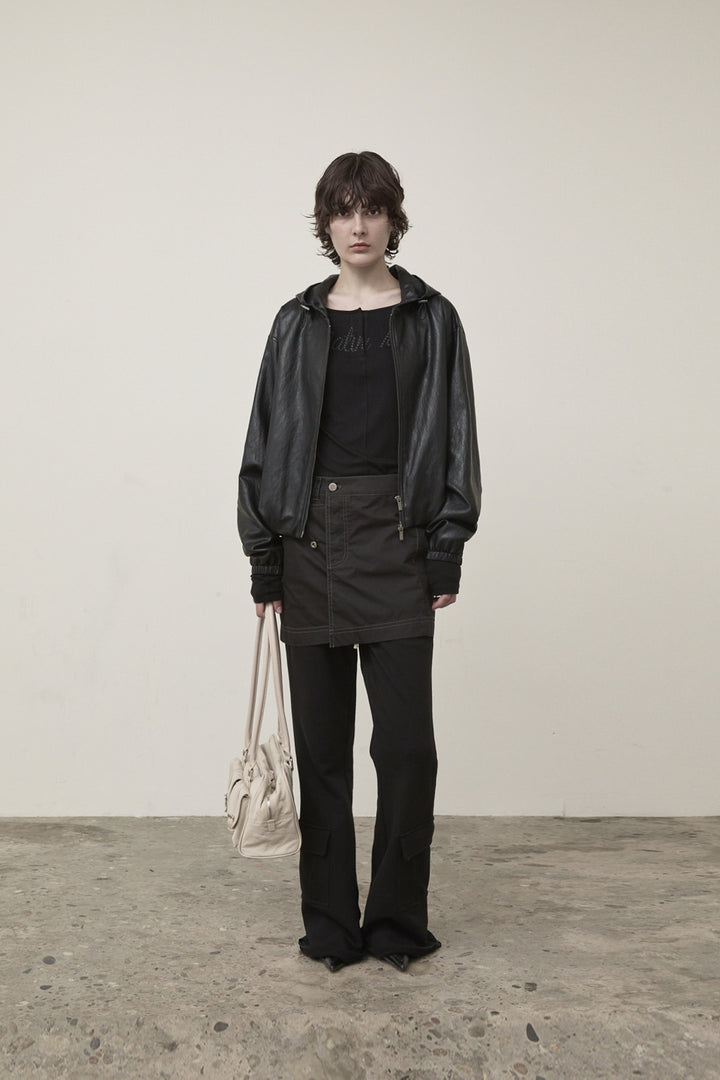 Matin Kim Faux Leather Hoody Crop Jumper — Black