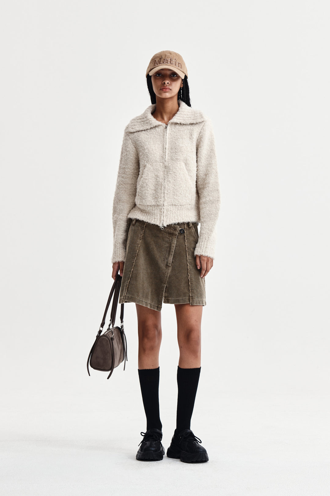 Matin Kim Boucle Knit Zip Up Cardigan — Beige