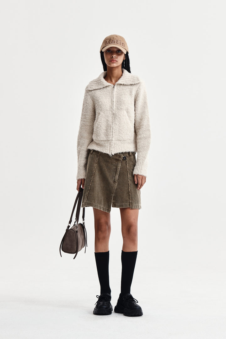 Matin Kim Boucle Knit Zip Up Cardigan — Beige