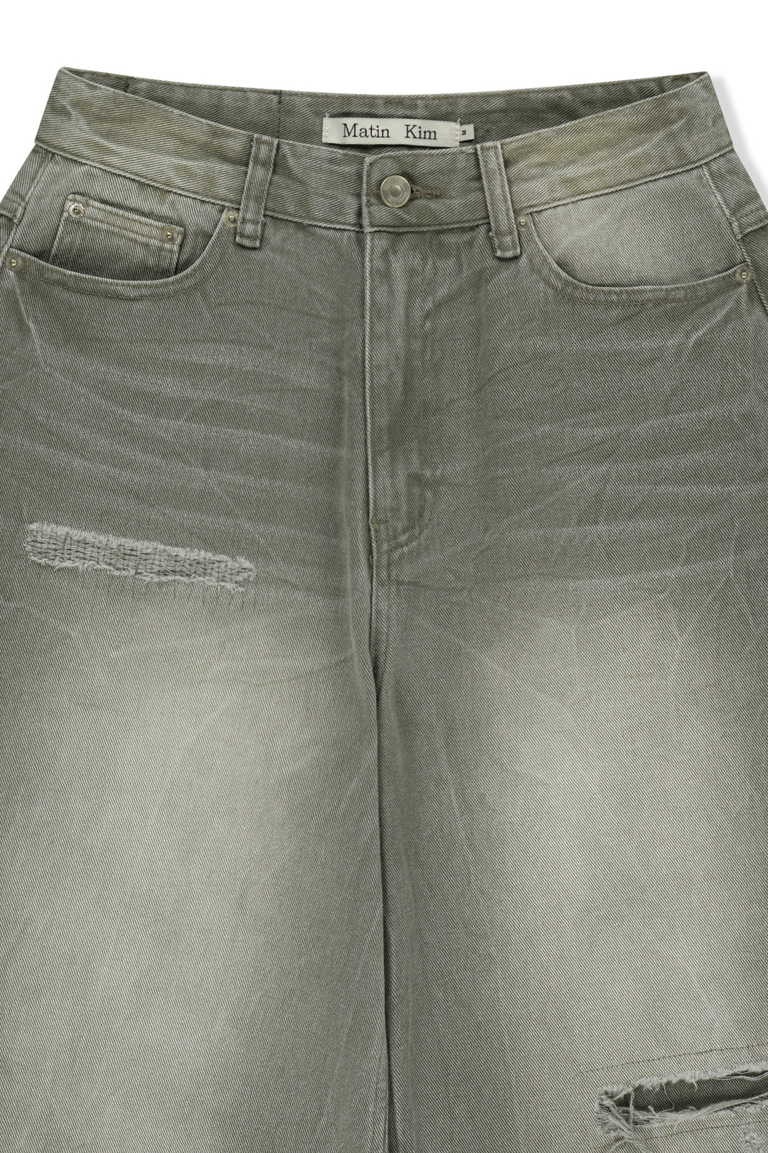 Matin Kim Back Logo Washed Denim Pants — Khaki