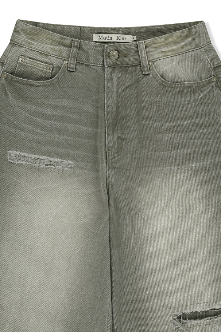 Matin Kim Back Logo Washed Denim Pants — Khaki