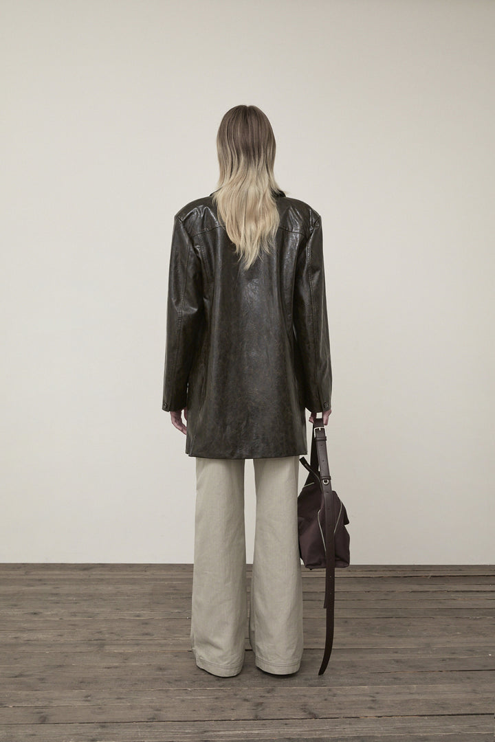 Matin Kim Faux Leather Half Double Jacket — Brown