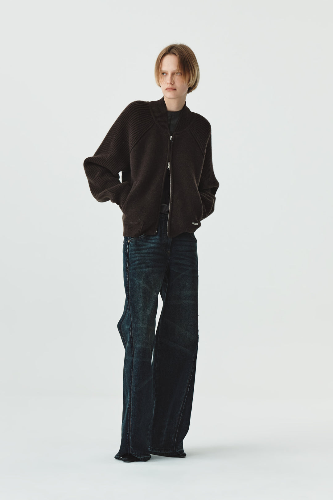 KIMMATIN Raglan Pocket Knit Zip Up — Brown
