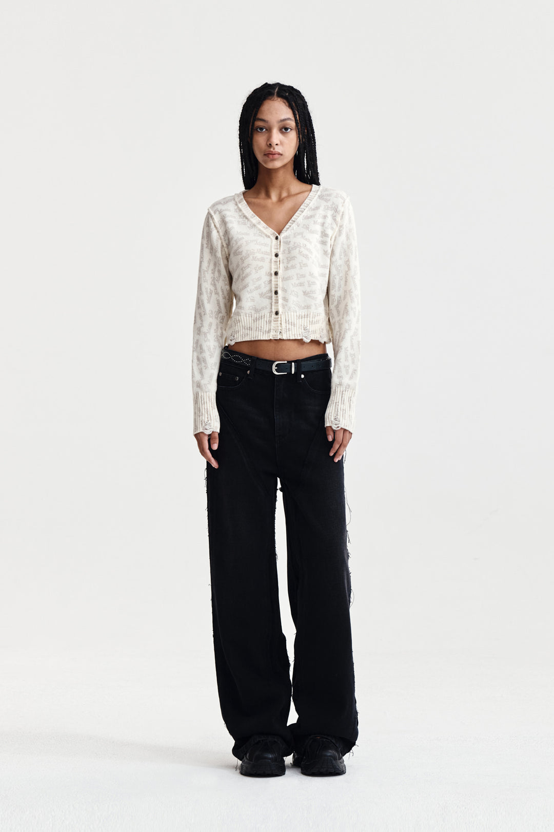 Matin Kim All Over Logo Crop Cardigan — Ivory