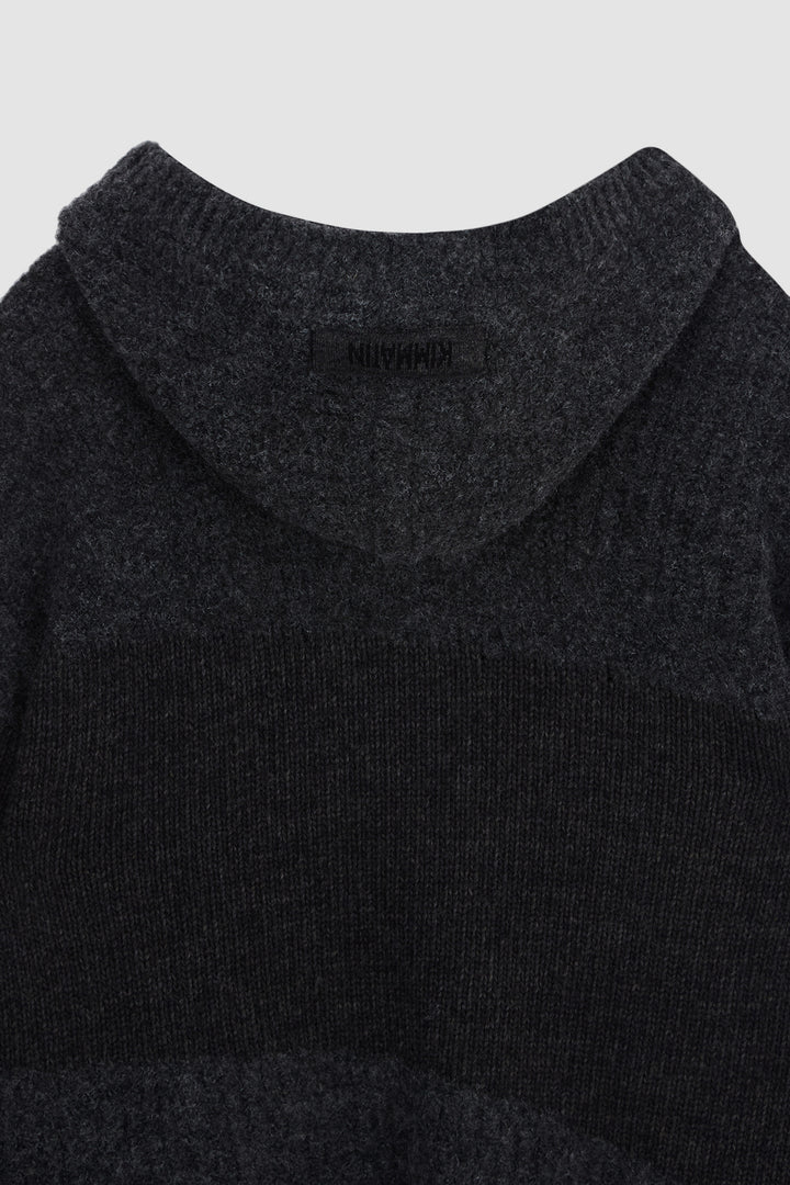 KIMMATIN Color Mix Unbalance Knit Hoody — Charcoal