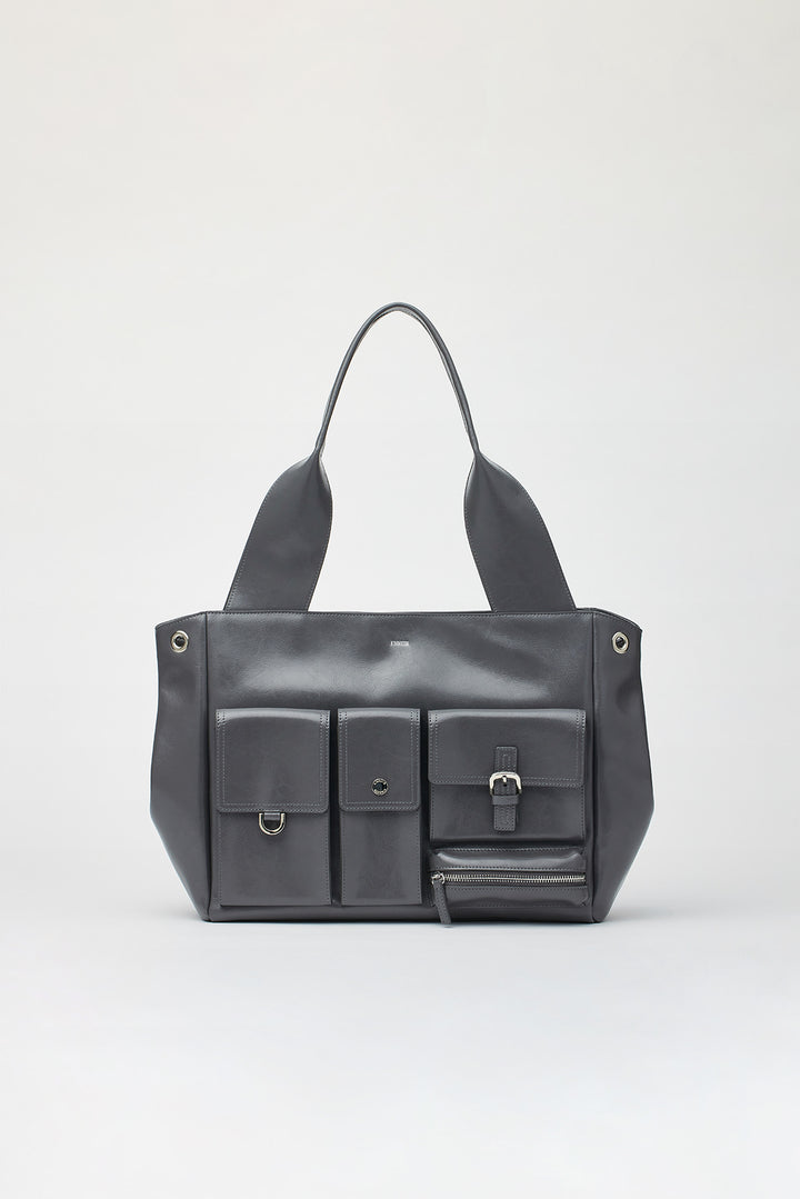 KIMMATIN Multi Pocket Leather Shopper — Gray