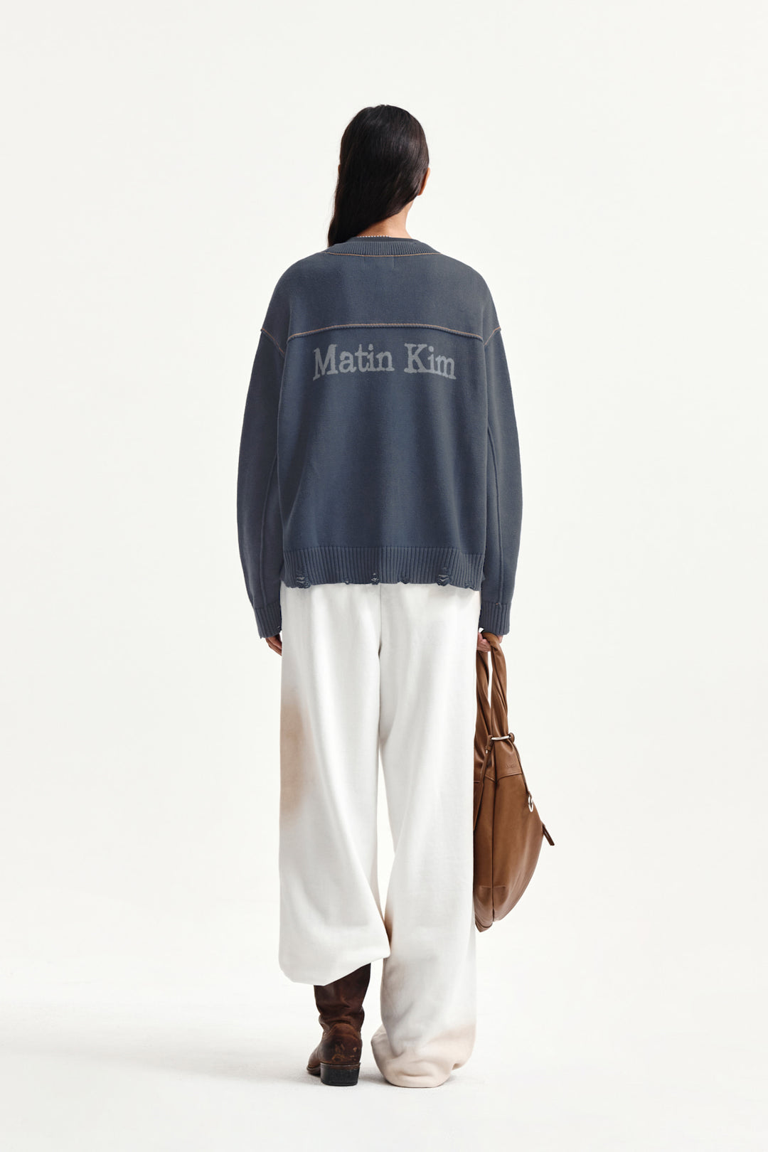 Matin Kim Back Logo Line Point Knit Cardigan — Blue