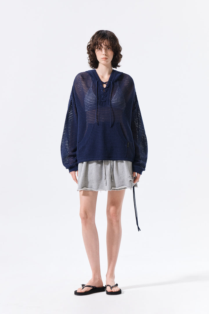 Matin Kim Oversized Mesh Knit Hoodie — Navy blue