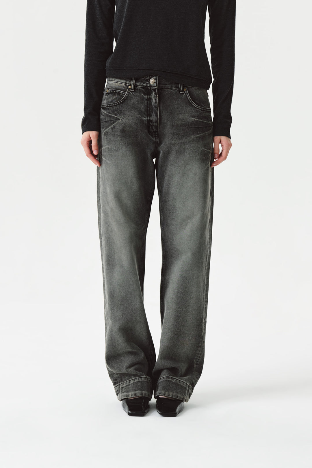 KIMMATIN Double Hem Washed Denim Pants — Gray