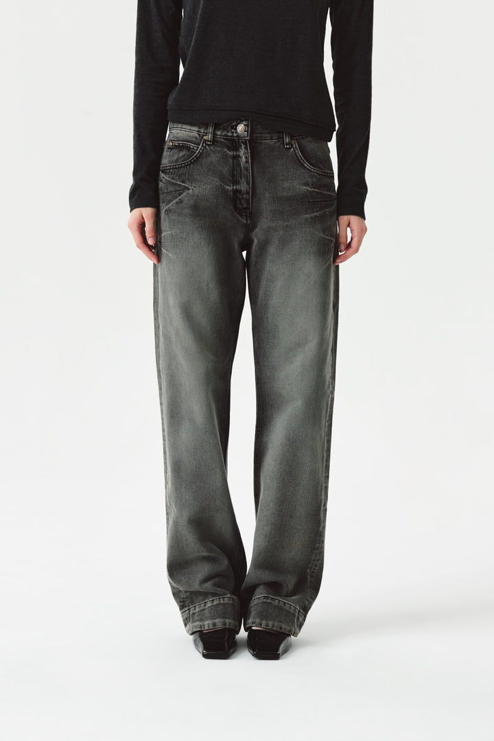 KIMMATIN Double Hem Washed Denim Pants — Gray
