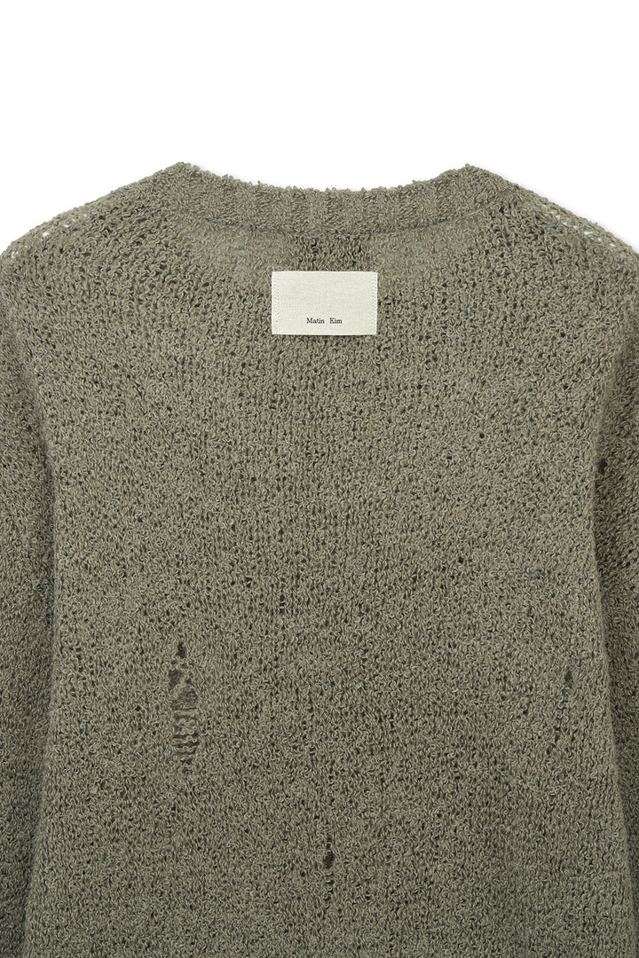 Matin Kim Asymmetric Damaged Knit Pullover — Khaki