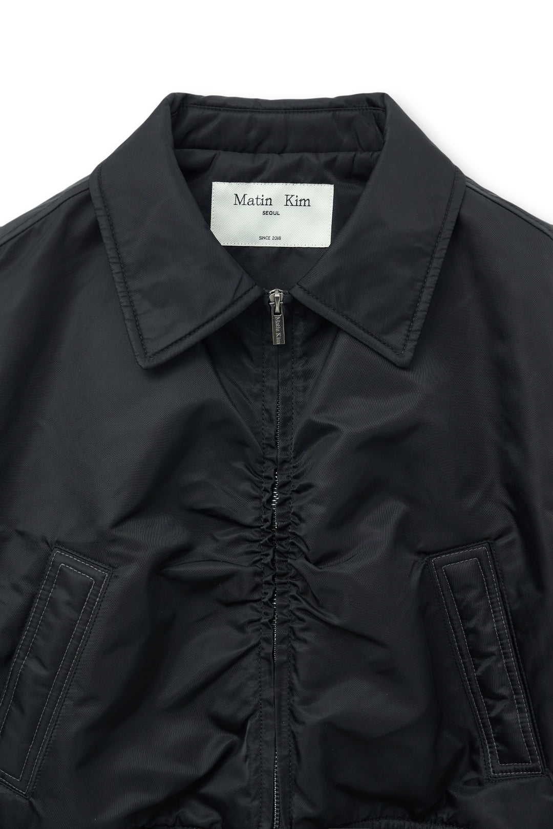 Matin Kim Appliqué Logo Shirring Bomber Jacket — Black
