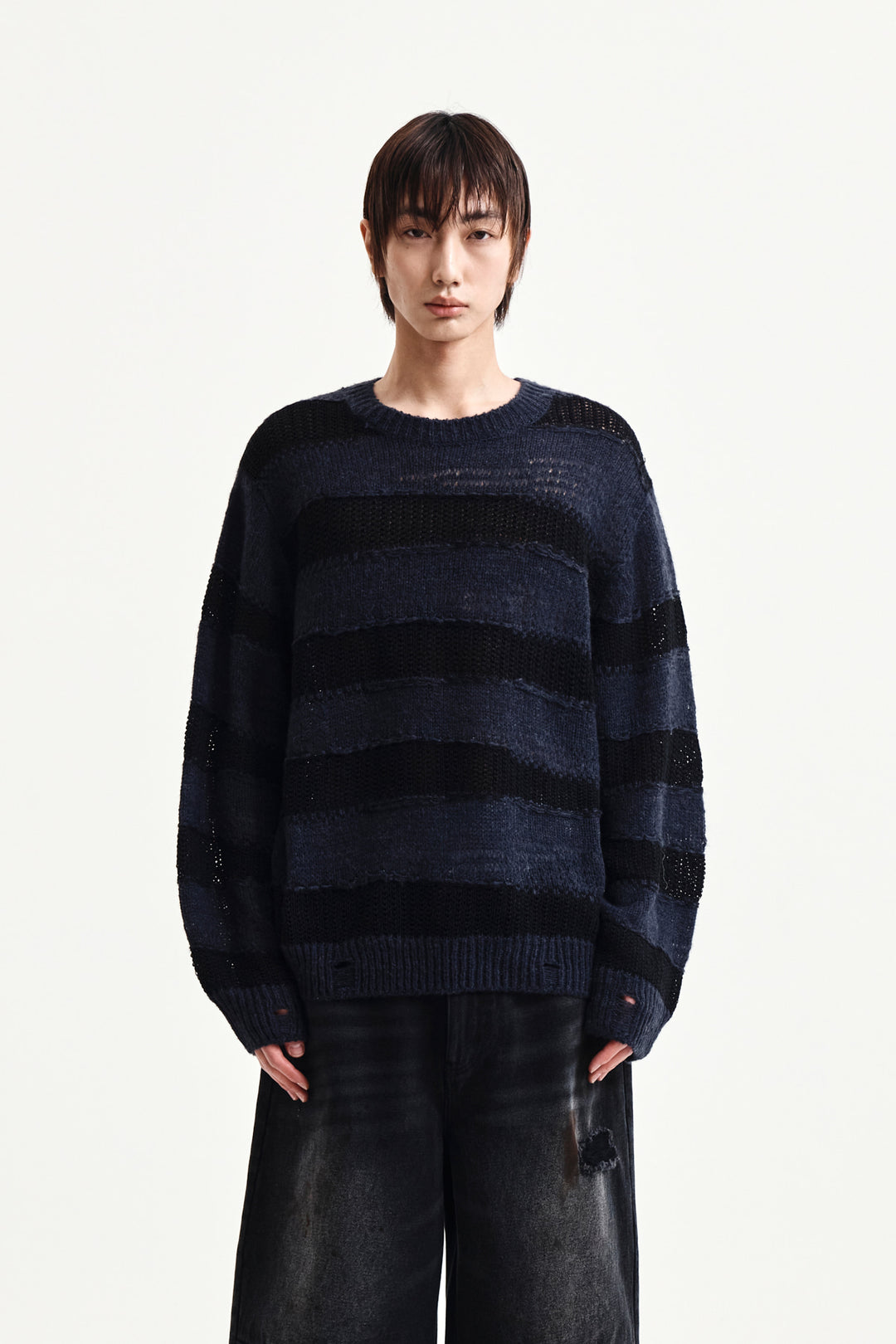 Matin Kim Texture Block Stripe Knit Pullover — Navy blue