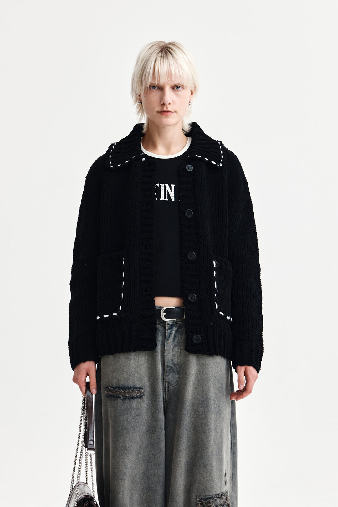 Matin Kim Handmade Collar Knit Cardigan — Black