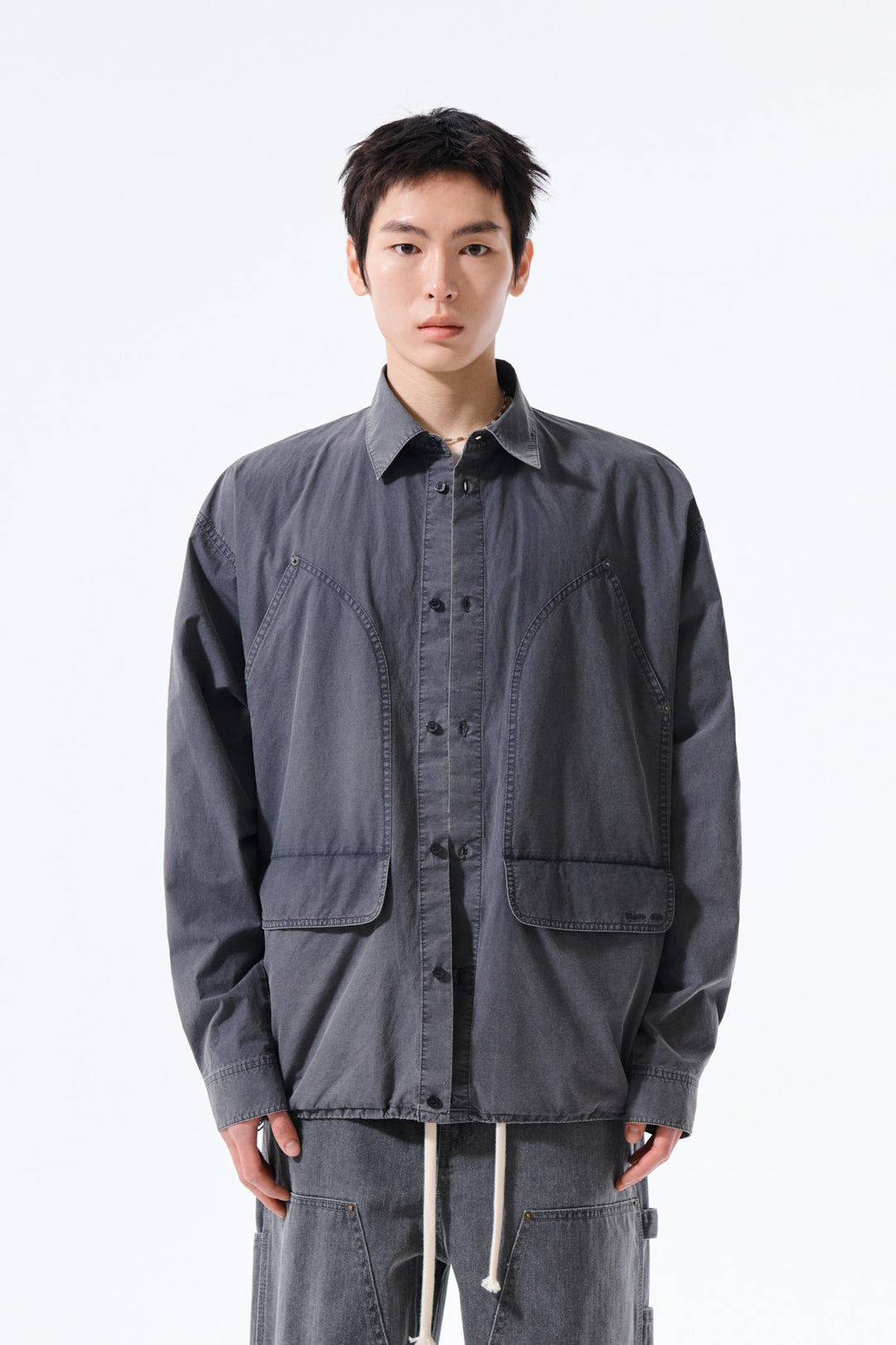 Matin Kim Washed Cotton Drawstring Shirt — Charcoal
