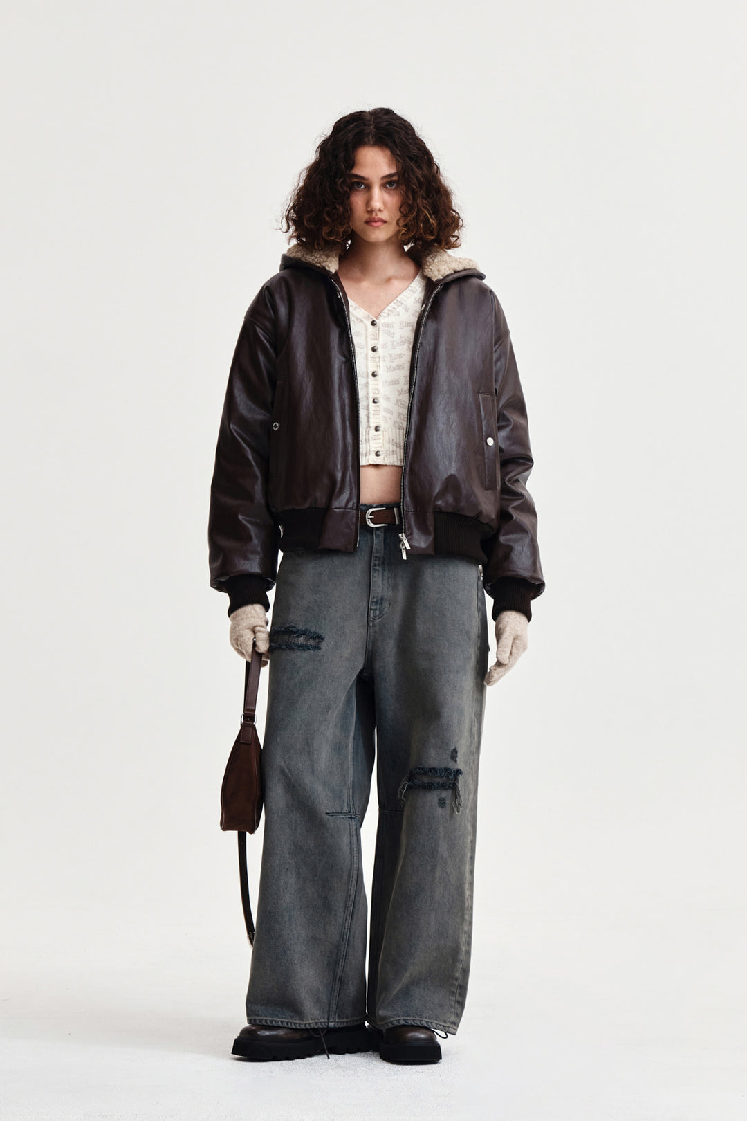 Matin Kim Faux Leather Zip-Up Hoody — Brown