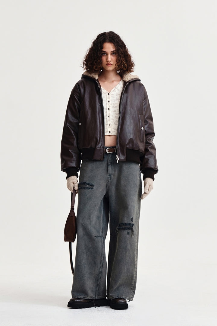 Matin Kim Faux Leather Zip-Up Hoody — Brown