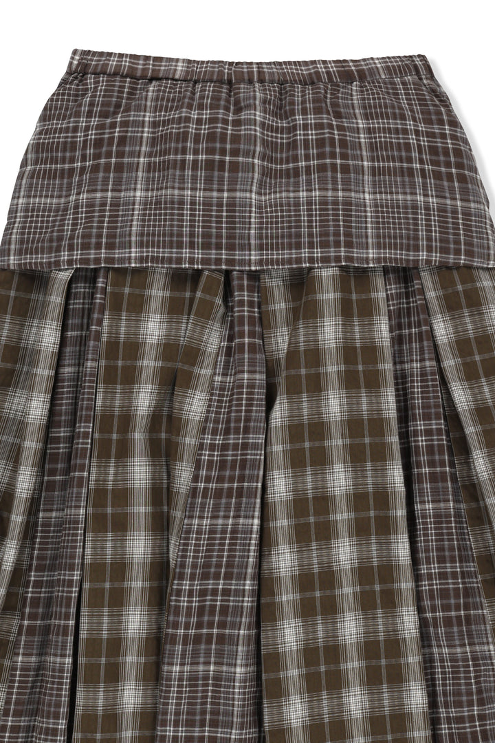 Matin Kim Mixed Check Sleeve Tie Flare Skirt — Brown