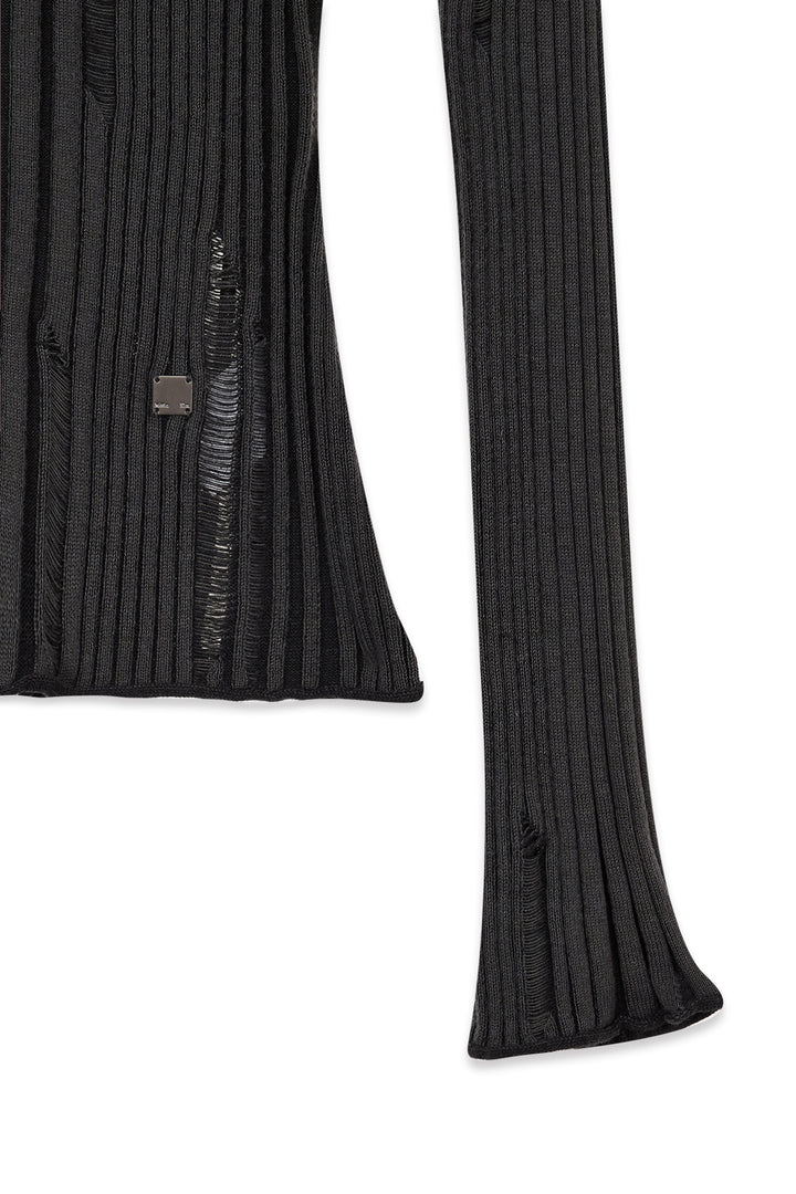 Matin Kim Logo Point Damage Slim Hoody Cardigan — Charcoal