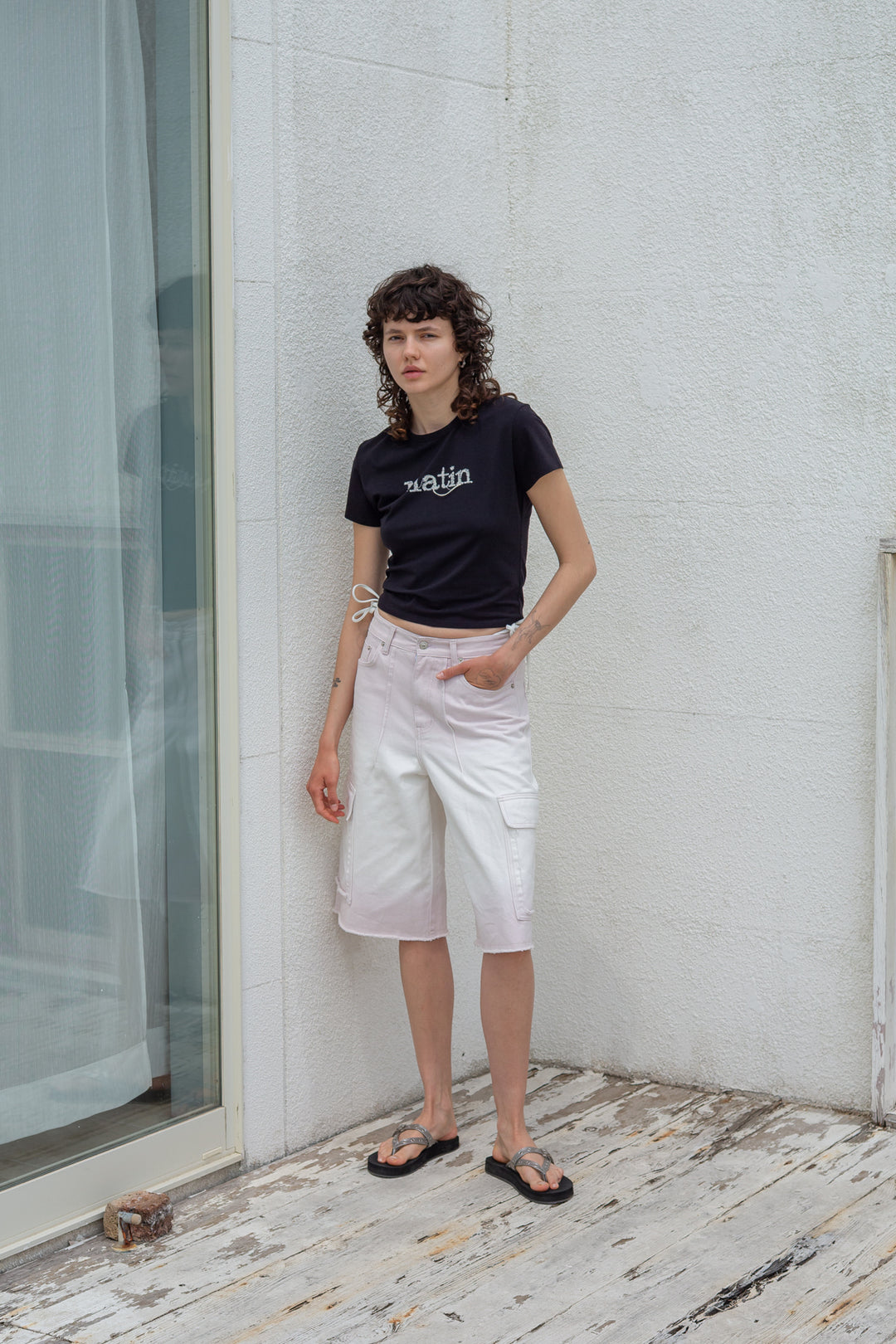 Matin Kim Stitch Printing Detail Crop Top — Black