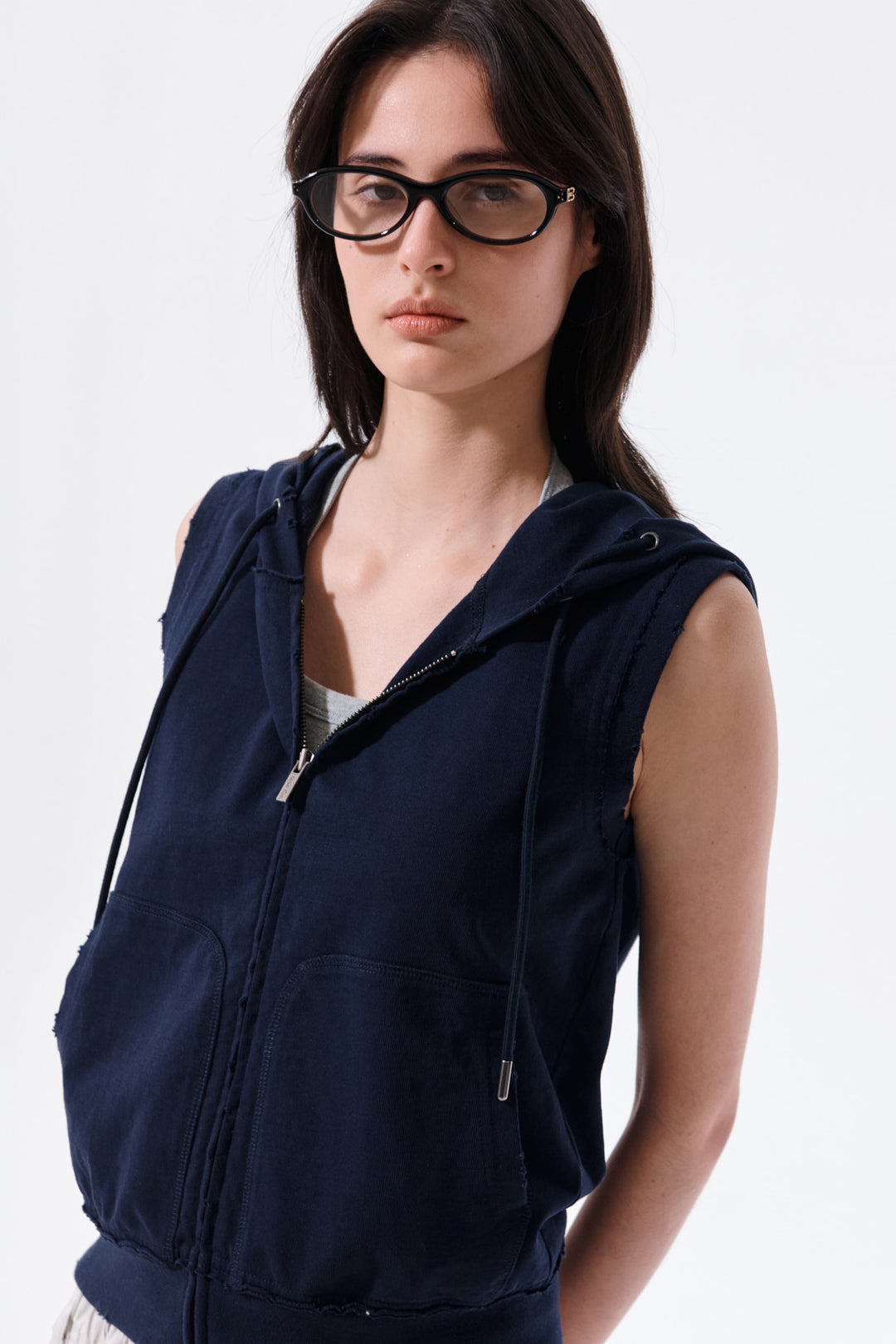 Matin Kim Back Logo Jersey Hood Vest — Navy blue