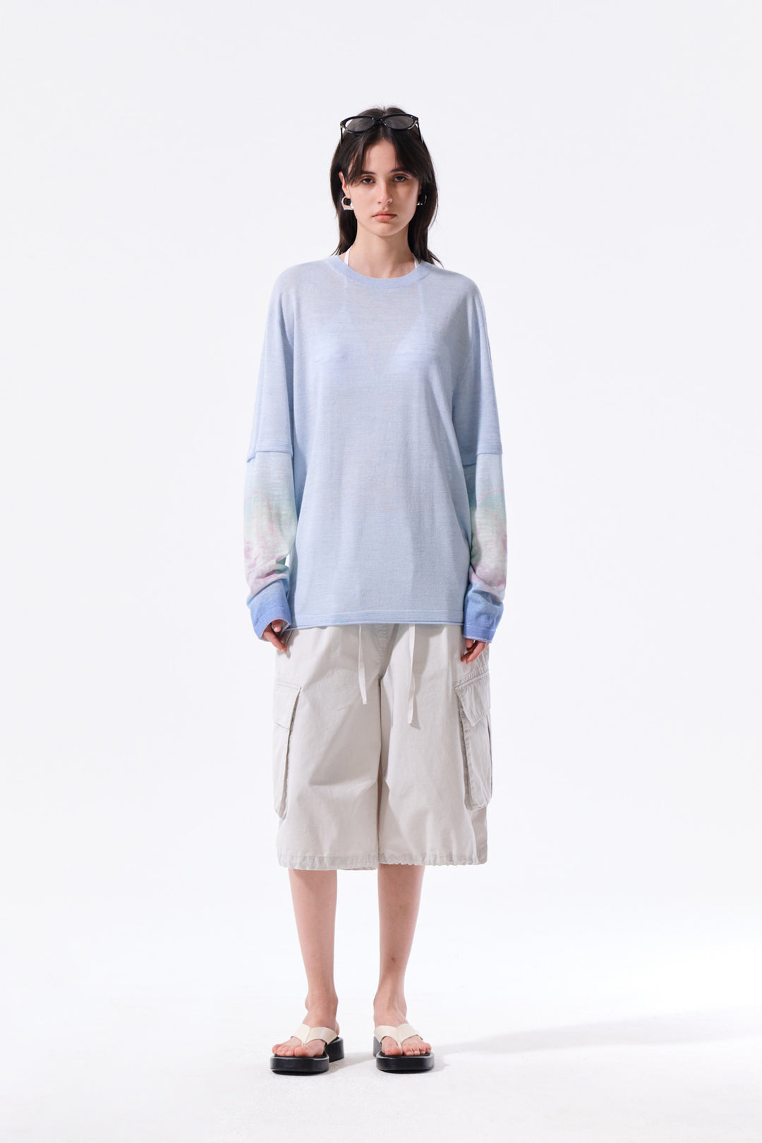 Matin Kim Sleeve Print Knit Pullover — Light Blue