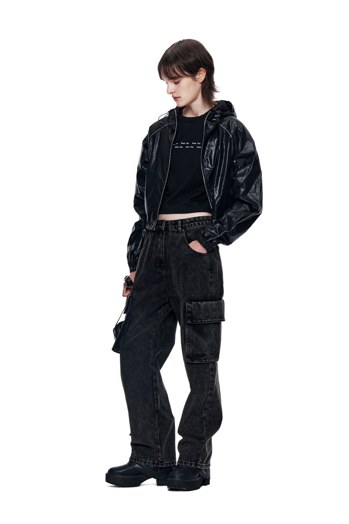 Matin Kim Crop Hoody Coating Jumper — Black
