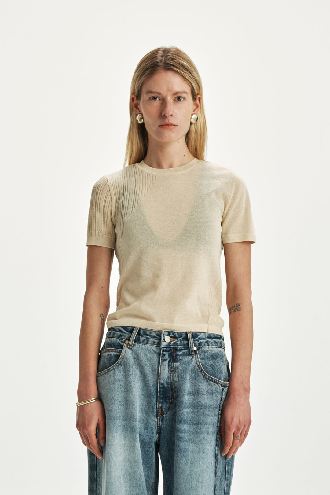KIMMATIN Sheer Half Sleeve Knit Top — Ivory