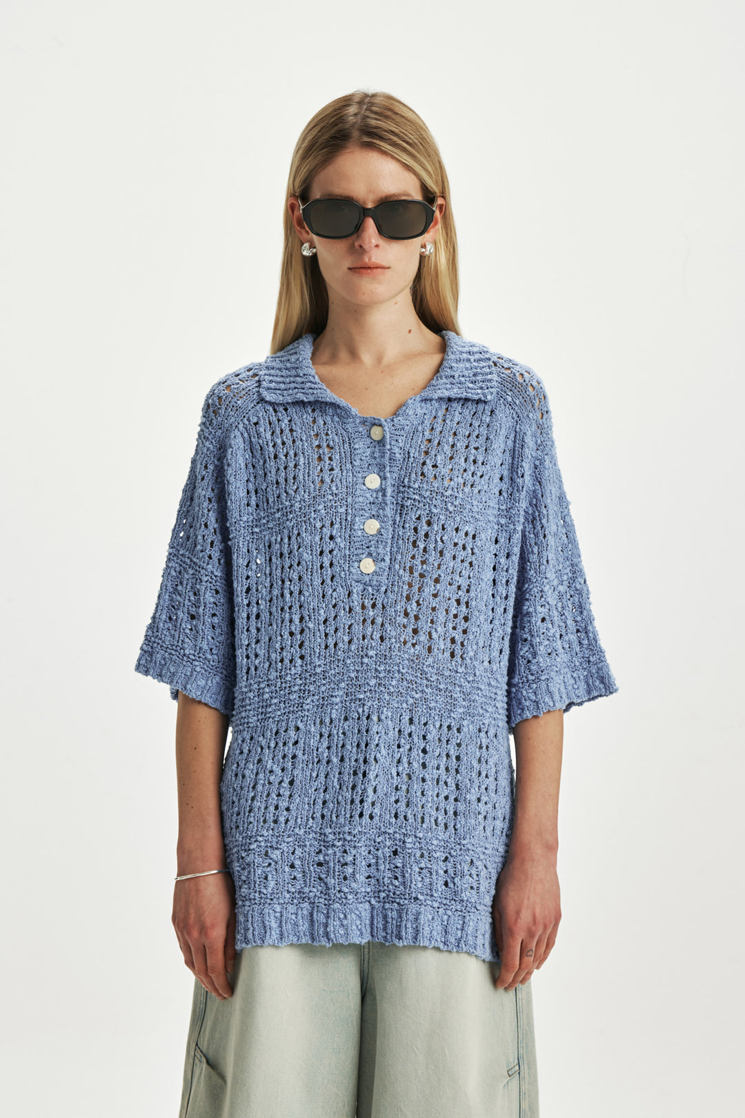 KIMMATIN Punching Knit Collar Top — Light Blue