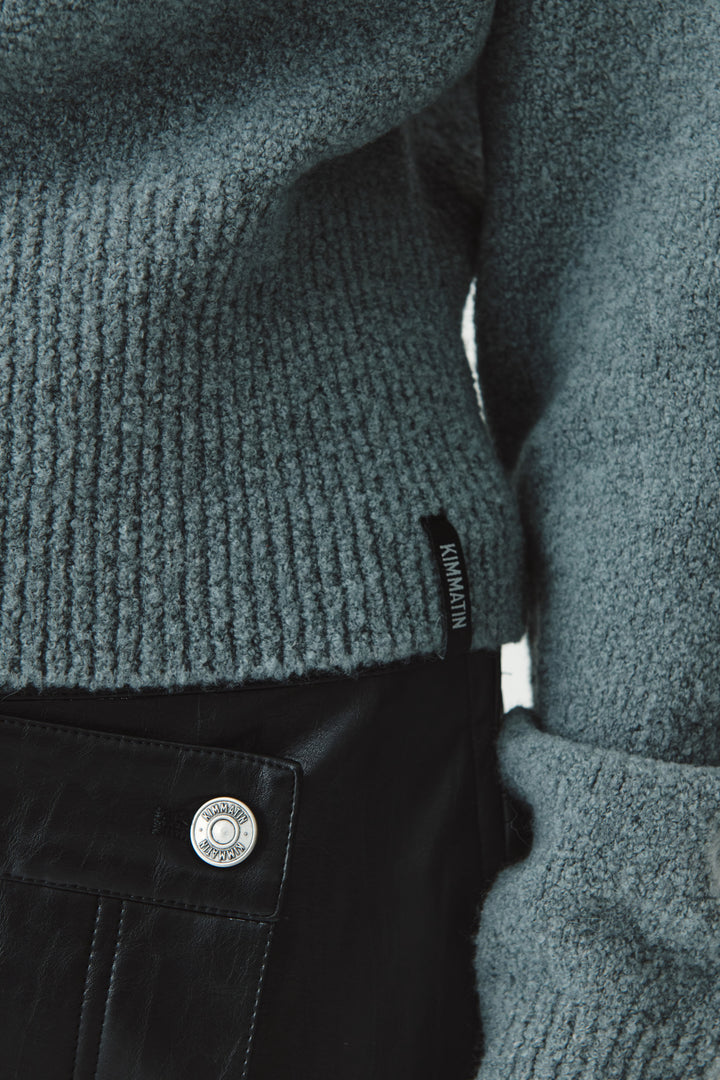 KIMMATIN Turtle Hoody Boucle Knit Top — Gray