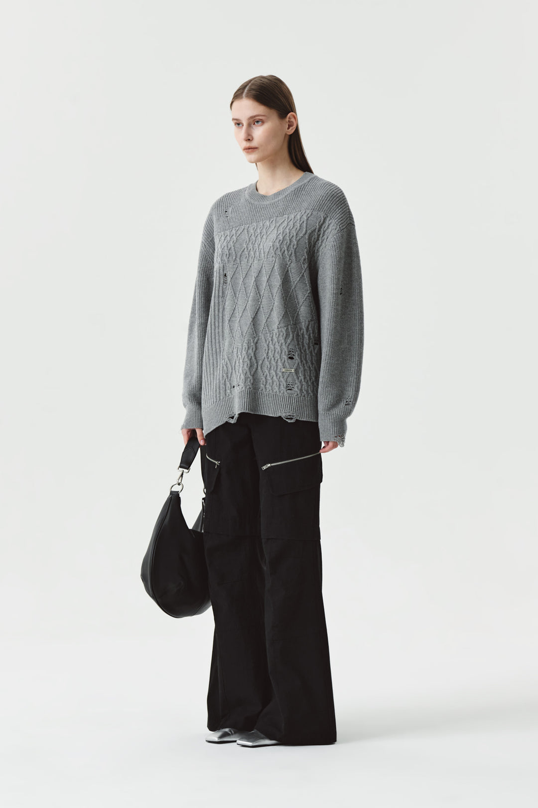KIMMATIN Cable Mix Damage Knit Pullover — Gray