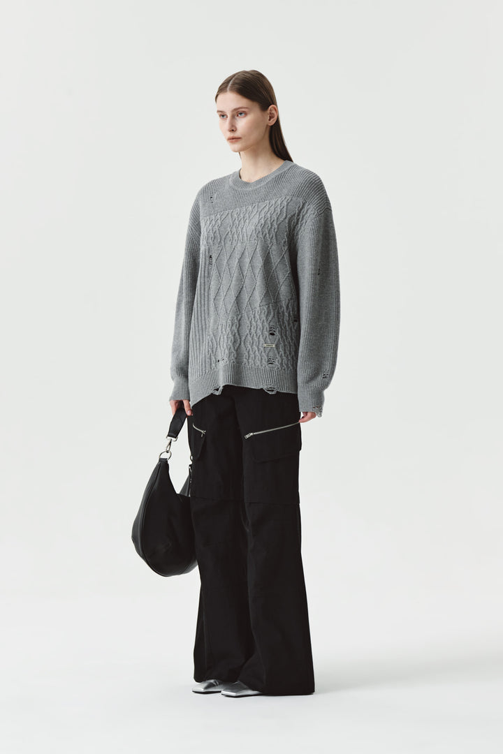 KIMMATIN Cable Mix Damage Knit Pullover — Gray