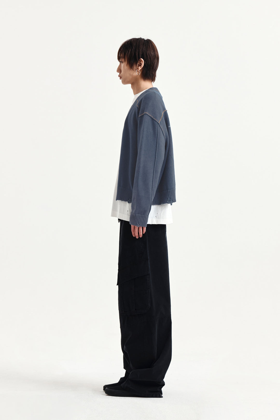 Matin Kim Back Logo Line Point Knit Cardigan — Blue