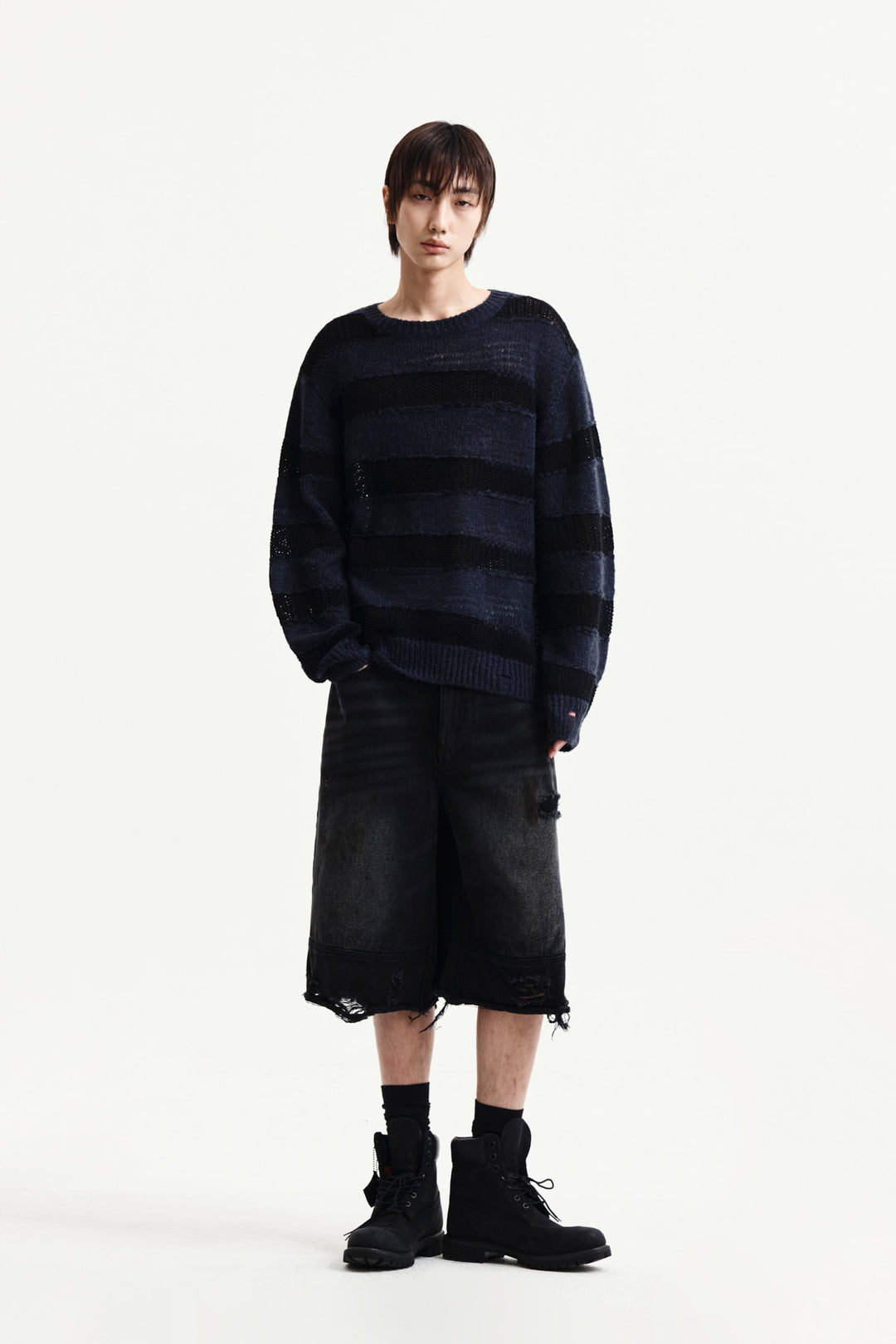 Matin Kim Texture Block Stripe Knit Pullover — Navy blue
