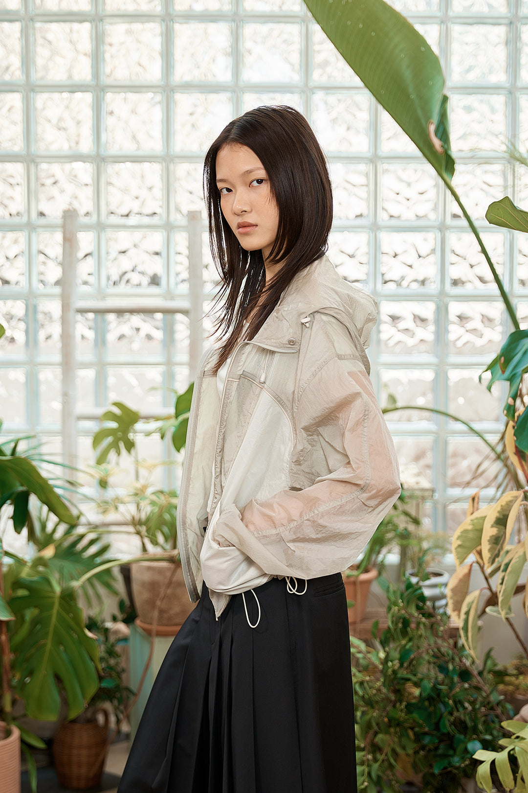 Matin Kim Hoody Point Crop Light Windbreaker — Beige
