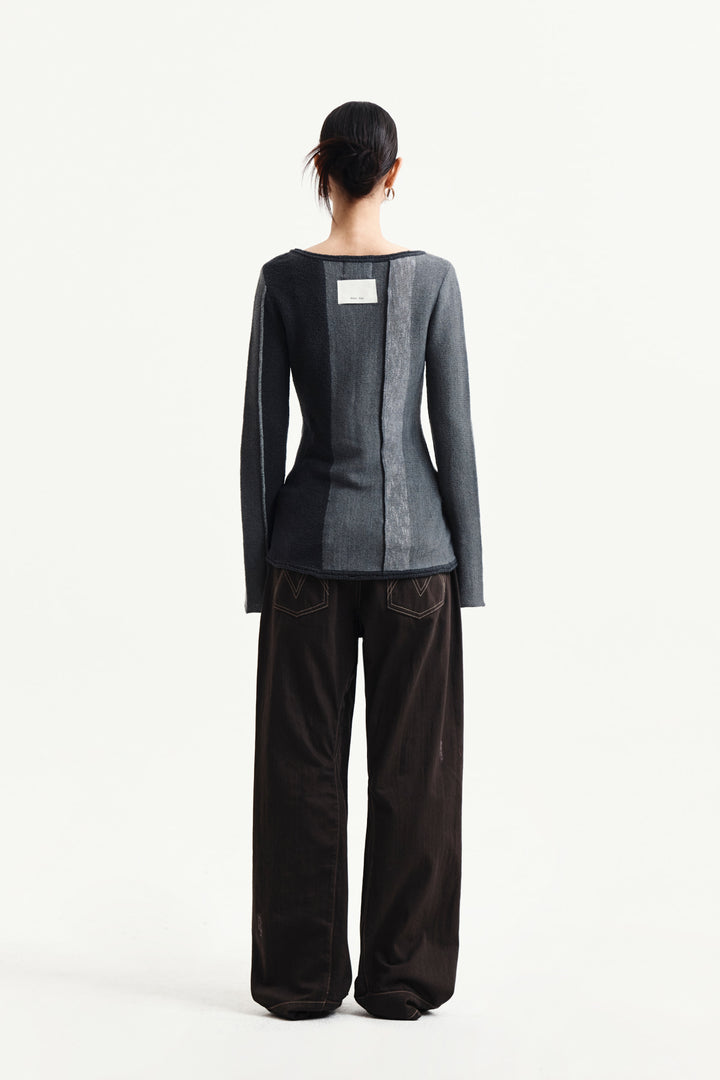 Matin Kim Color Block Slim Knit Cardigan — Charcoal