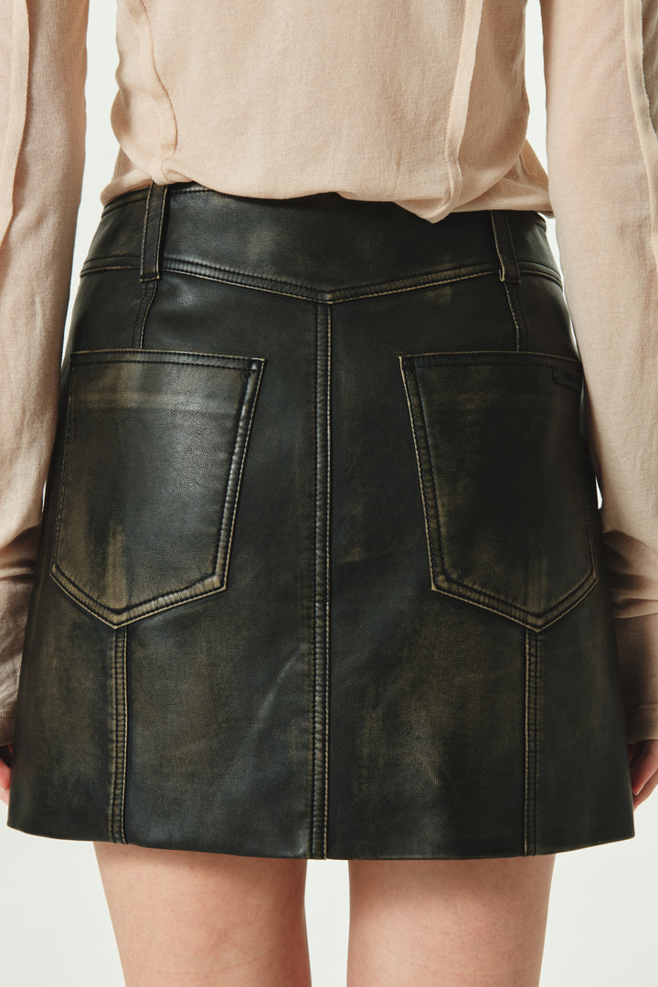 KIMMATIN Washed Faux Leather Mini Skirt — Brown