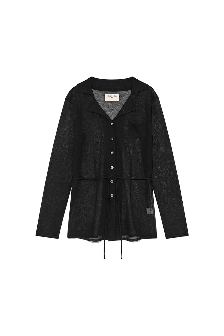 Matin Kim String Point Plain Long Cardigan — Black