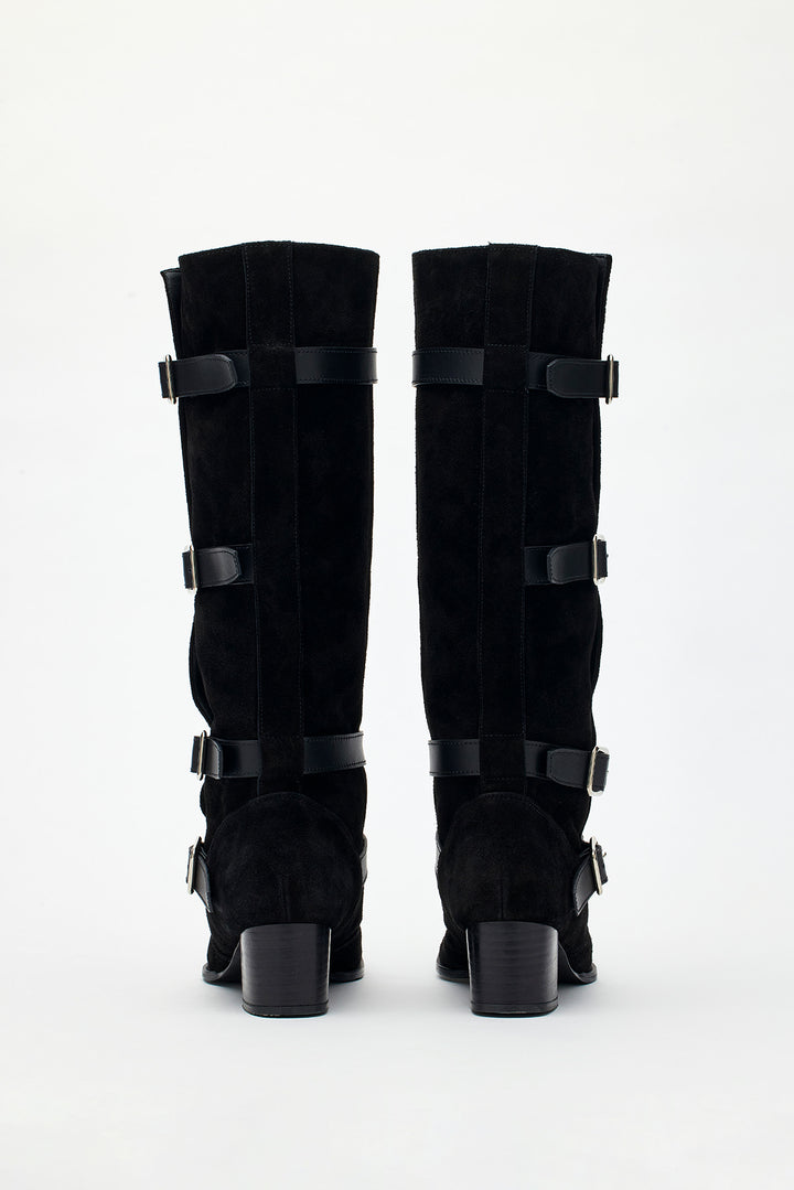 KIMMATIN Suede Buckle Long Boots — Black