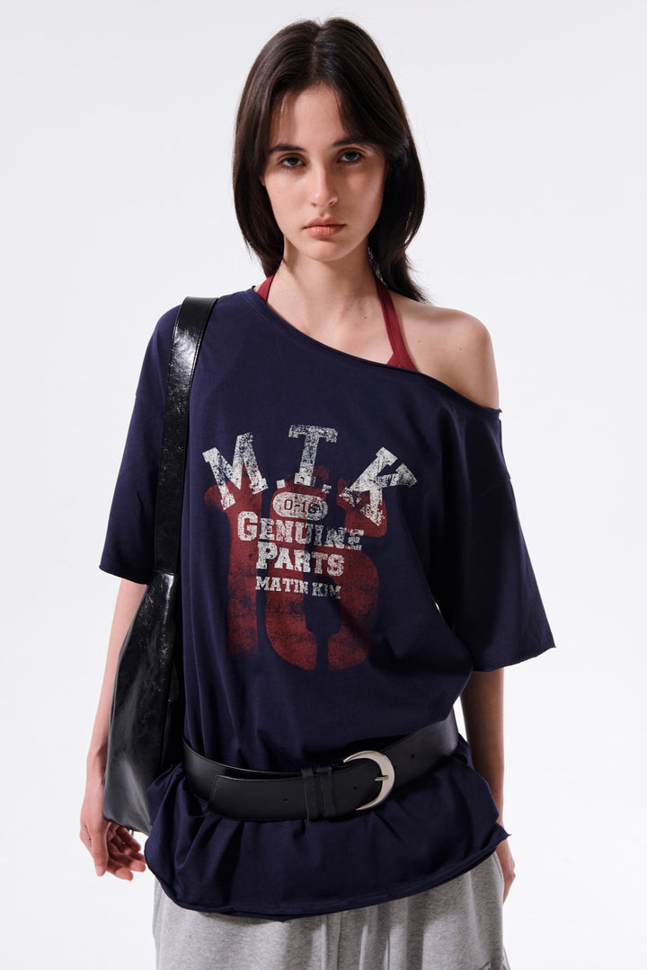 Matin Kim MTK 16 Graffiti Logo Asymmetric Top — Navy blue